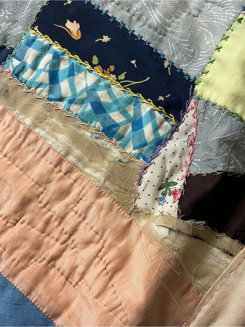Vintage hand stitched 1930s patchwork crazy quilt 72 x 85 USA made
